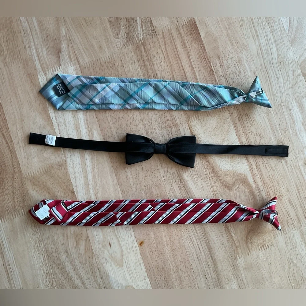 Lot x3 Clip-On Neckties Bow Ties Youth boys Black Blue Green Plaid Red Striped